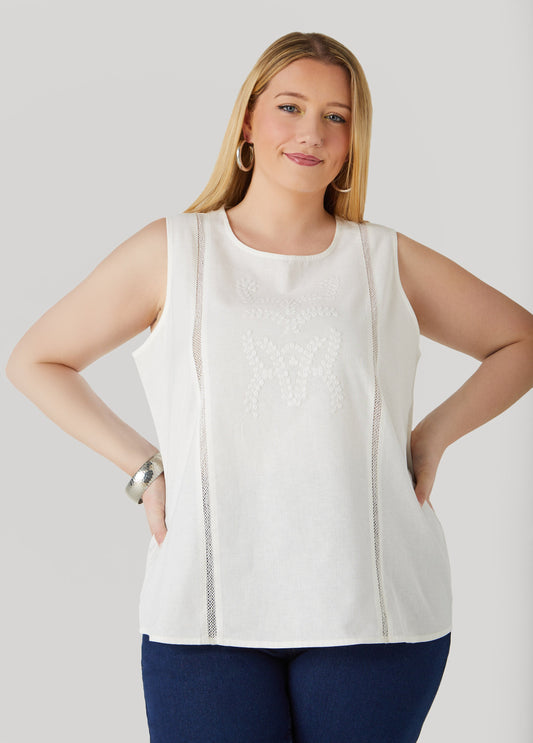 Plus Size Embroidered Cotton And Linen Top