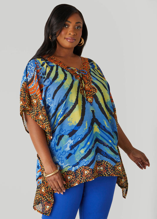 Plus Size Printed Lace Up Tunic