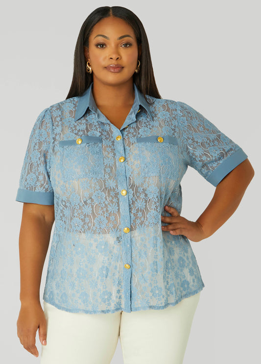 Plus Size Metallic Floral Lace Shirt