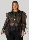 Plus Size Camo Print Paneled Organza Shirt