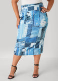 Denim Print Midi Skirt