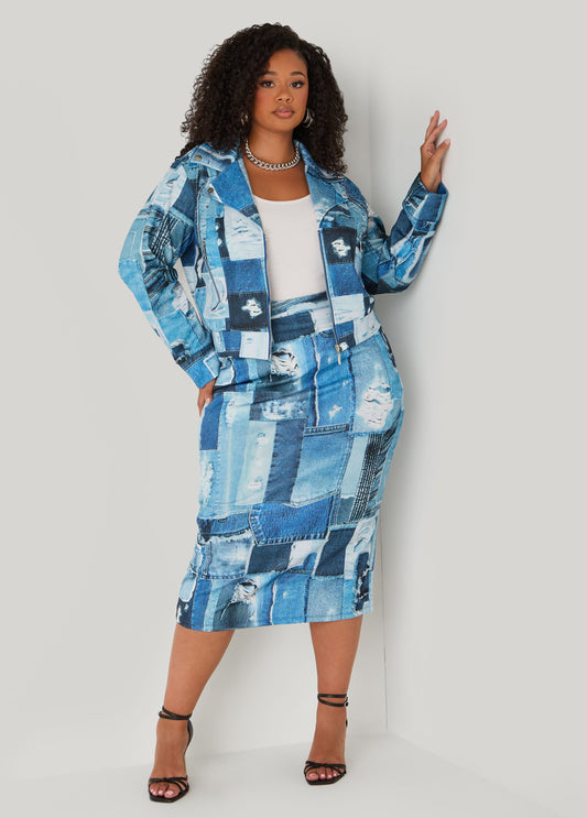 Denim Print Midi Skirt