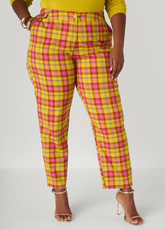 Plus Size Mid Rise Plaid Tapered Trousers