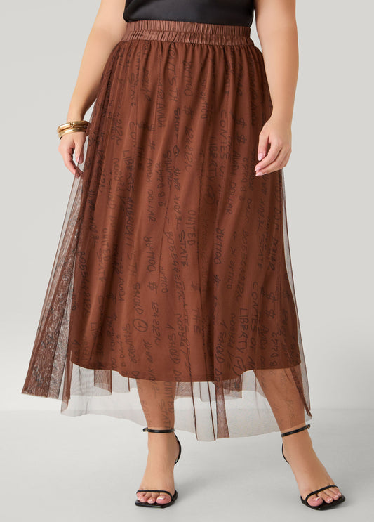 Plus Size Printed Mesh Maxi Skirt