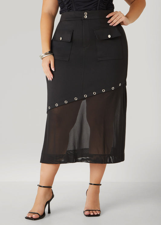 Plus Size Asymmetric Mesh Paneled Skirt