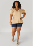 Puff Sleeve Paneled V Neck Tee