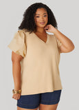 Plus Size Puff Sleeve Paneled V Neck Tee