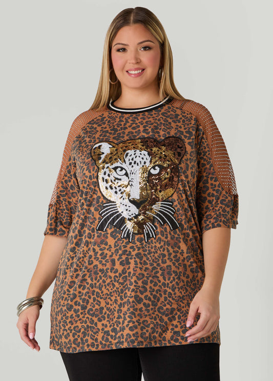 Plus Size Embellished Leopard Jersey Tee