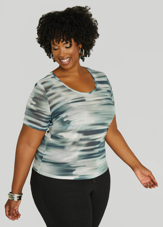 Plus Size Abstract Print Mesh Tee