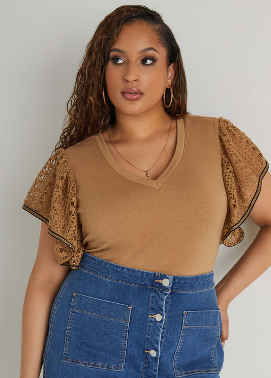 Plus Size Crochet Sleeved Jersey Top