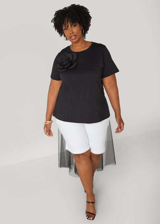 Plus Size Mesh Paneled Rosette Tee