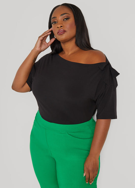 Plus Size Bow Embellished One Shoulder Top