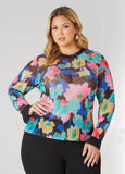 Plus Size Ruffle Trimmed Printed Mesh Top