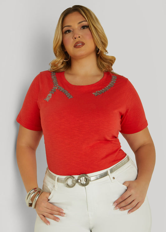 Plus Size Sequin Leaf Applique Tee