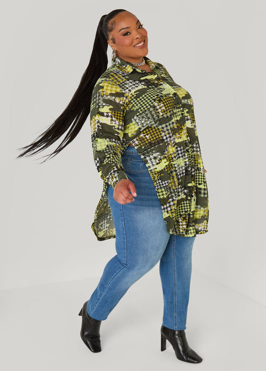Plus Size Houndstooth And Camo Print Shirt