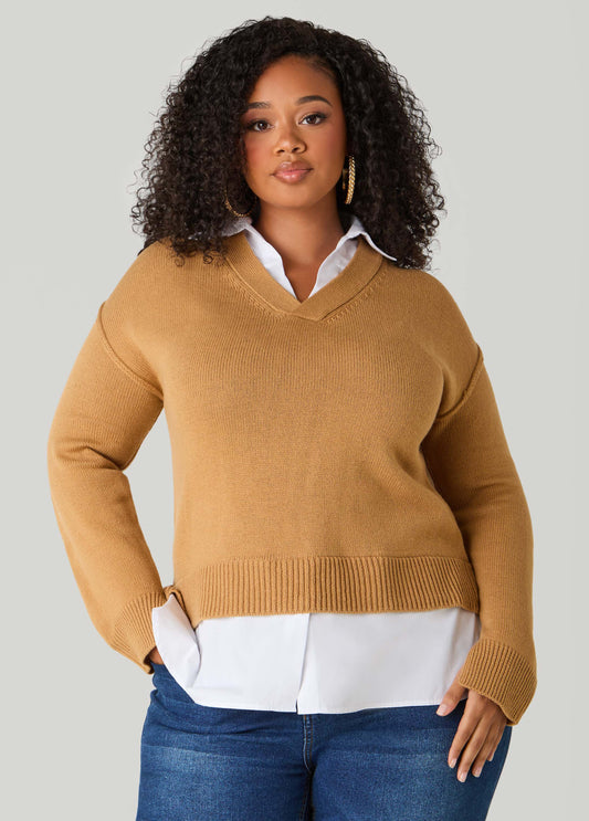 Plus Size Poplin Paneled V Neck Sweater