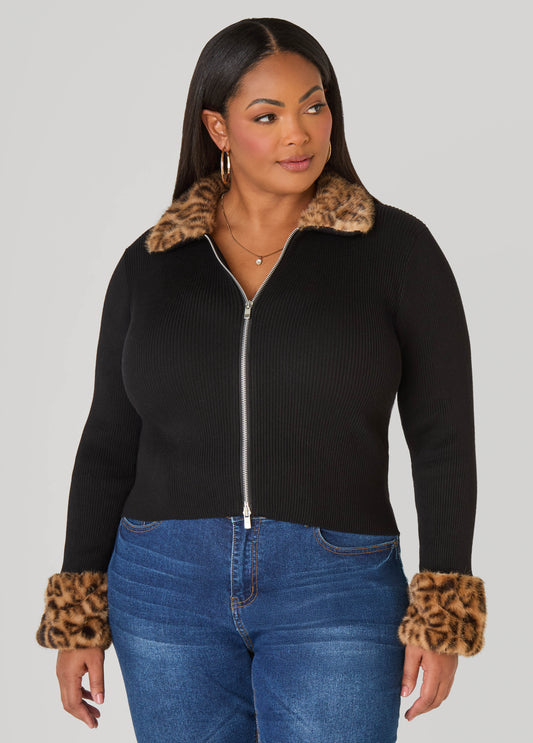 Plus Size Leopard Faux Fur Trimmed Sweater