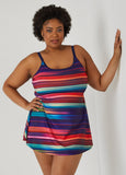 Plus Size Swimwear Noon Swim Striped Tummy Control Swimdress