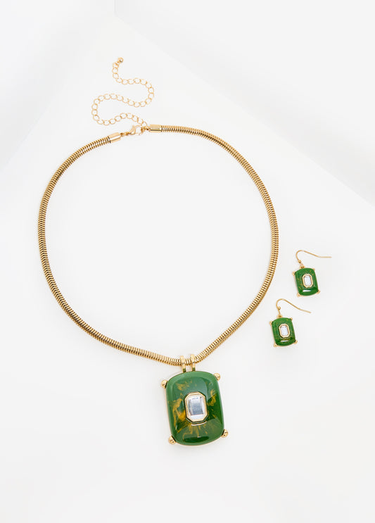 Statement gold chain link crystal green necklace set trendy fashion jewelry