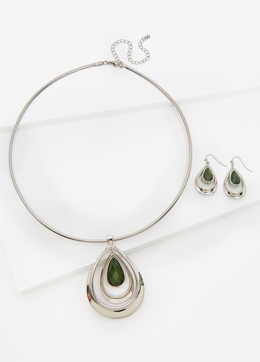 Statement Green Jewelry Teardrop Necklace Trendy Matching Silver Set