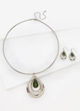 Statement Green Jewelry Teardrop Necklace Trendy Matching Silver Set