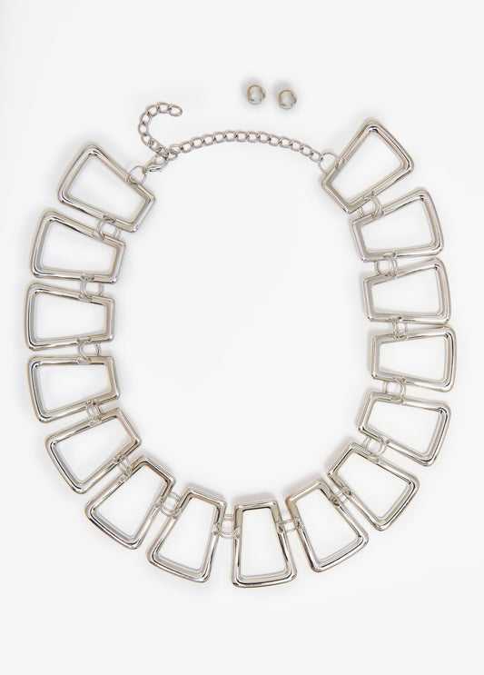 Silver Tone Rectangle Necklace Set