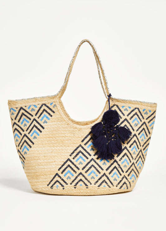 Abstract Print Straw Tote