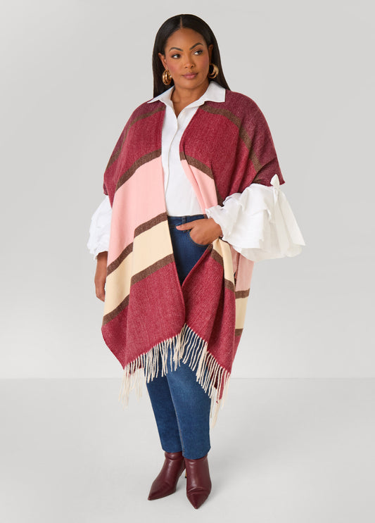 Plus Size Colorblock Brushed Knit Kimono