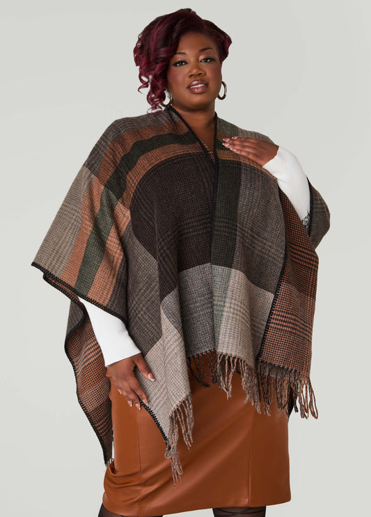 Plus Size Reversible Fringed Plaid Ruana