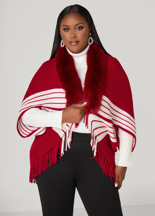 Plus Size Faux Fur Trimmed Stripe Poncho