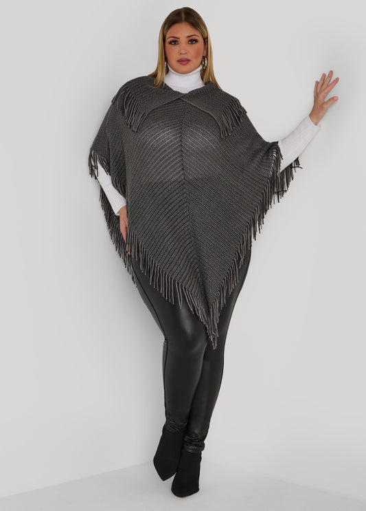 Plus Size Fringed V Cut Ribbed Poncho