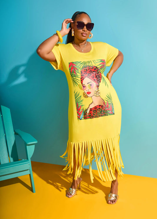 Tropical Fringed T Shirt Dress