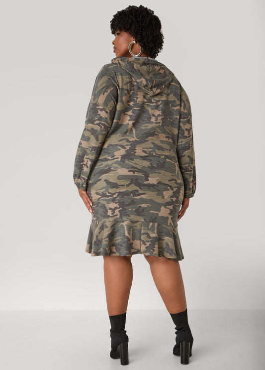 Flounced Camo Print Hoodie Dress