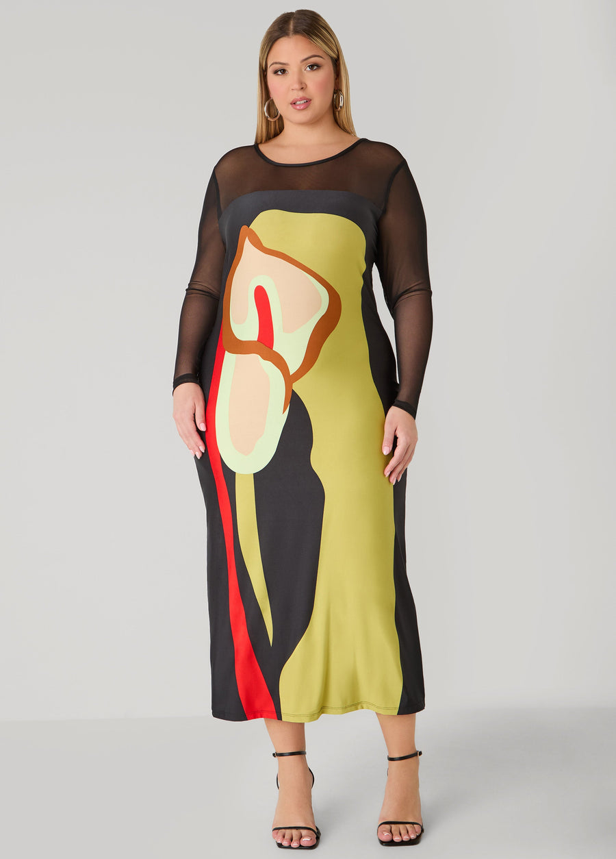 Plus Size Mesh Paneled Floral Midaxi Dress