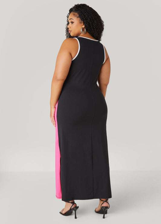 Black & Fuchsia Color Block Tank Maxi Dress