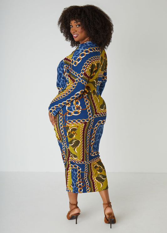 Royal Blue Mixed Print Bodycon Midi Dress
