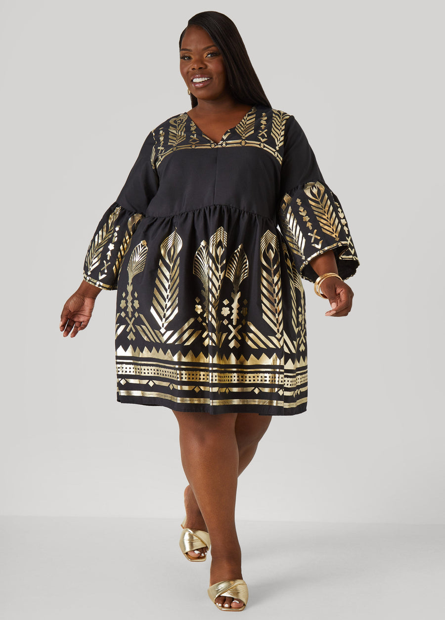 Plus Size Metallic Print Babydoll Dress