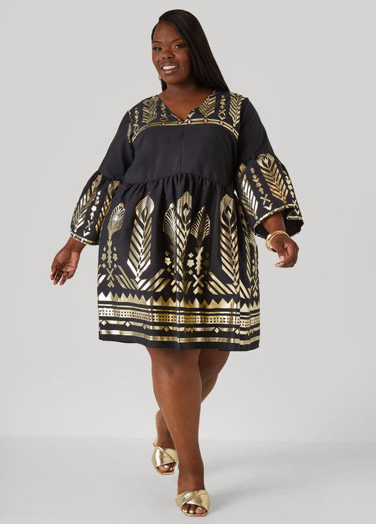Plus Size Metallic Print Babydoll Dress