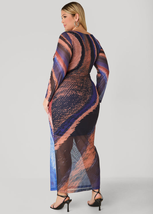 Printed Mesh Bodycon Maxi Dress