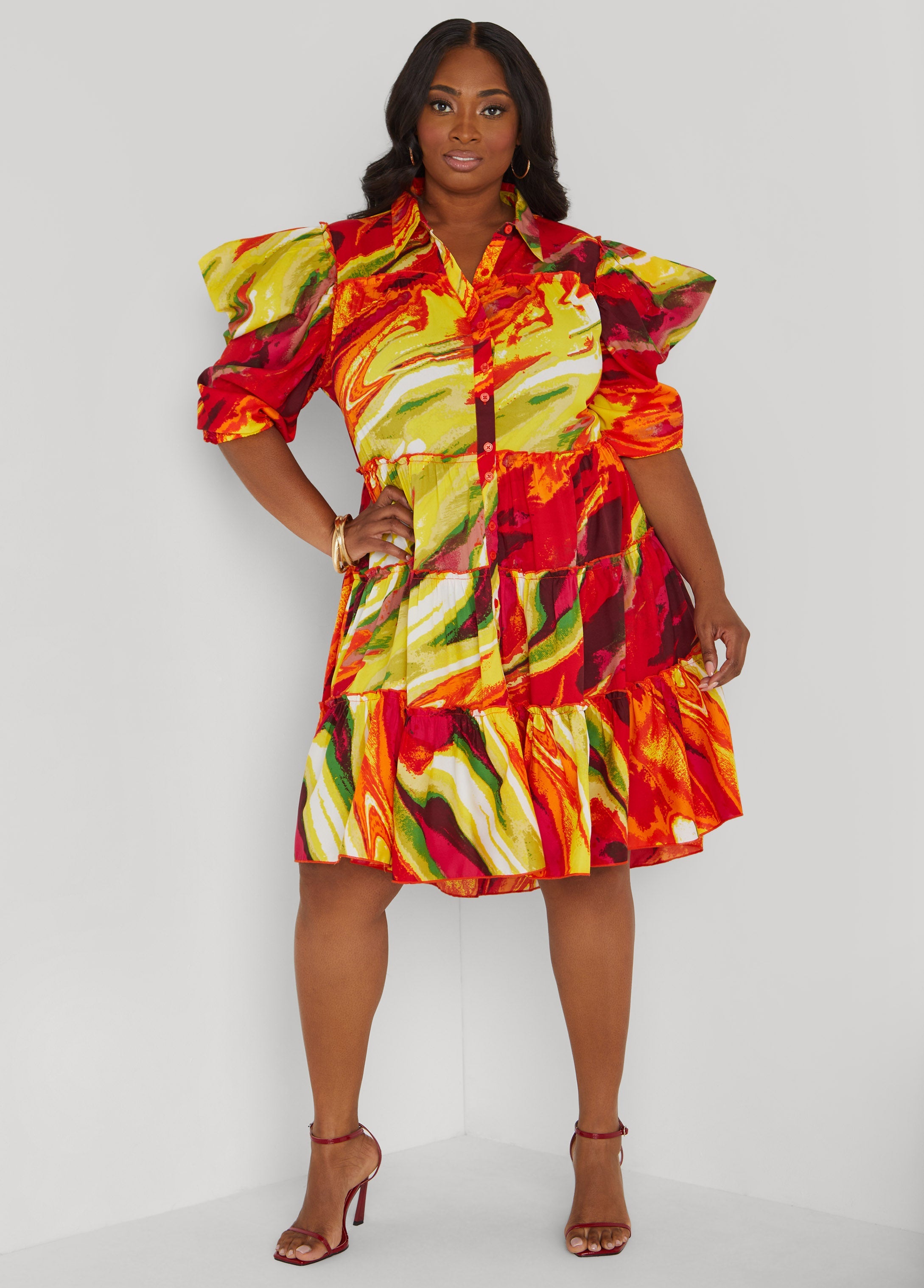 Plus Size Ruffled Brushstroke Shirtdress