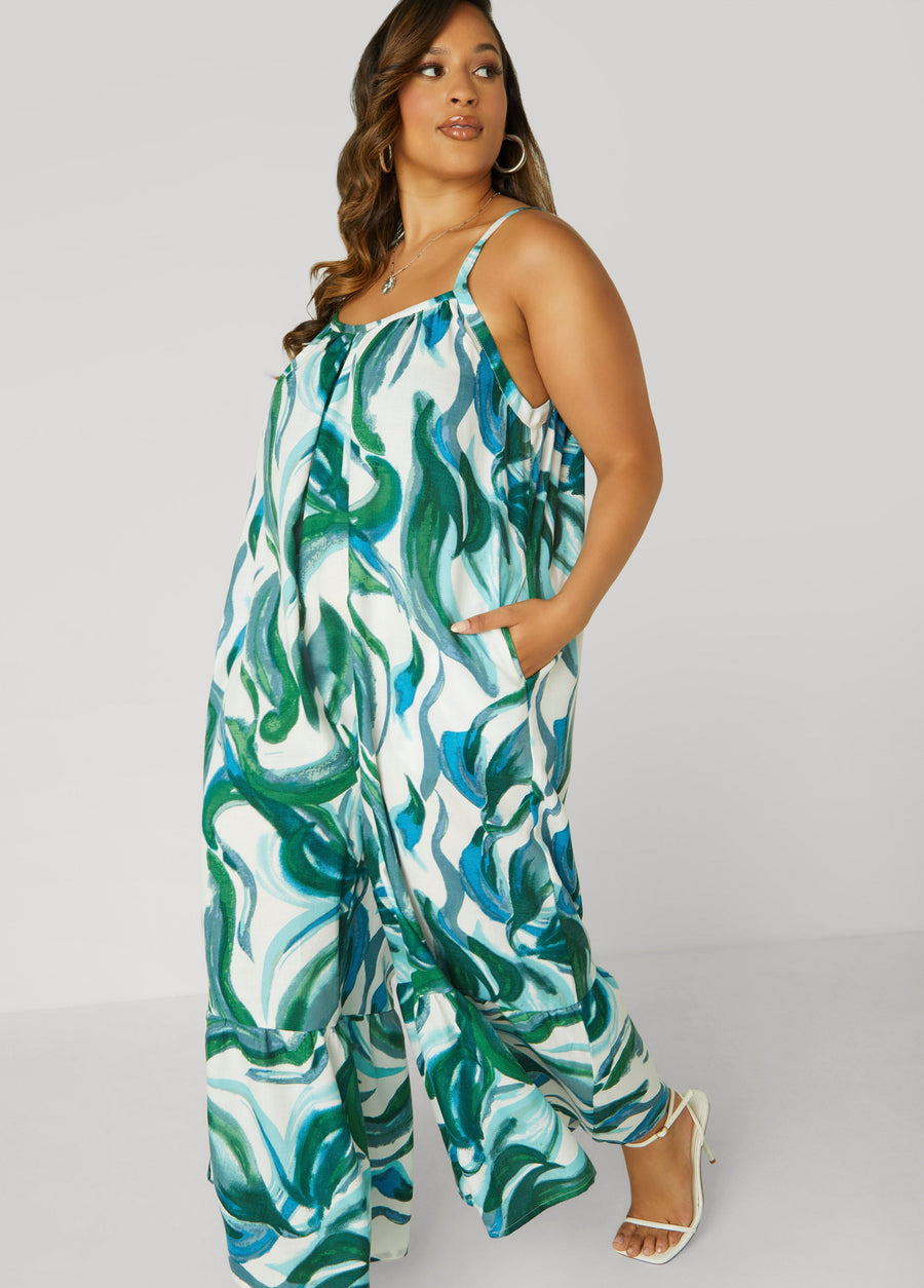 Plus Size Wide Leg Swirl Print Jumpsuit Going Out Linen Jumpsuit