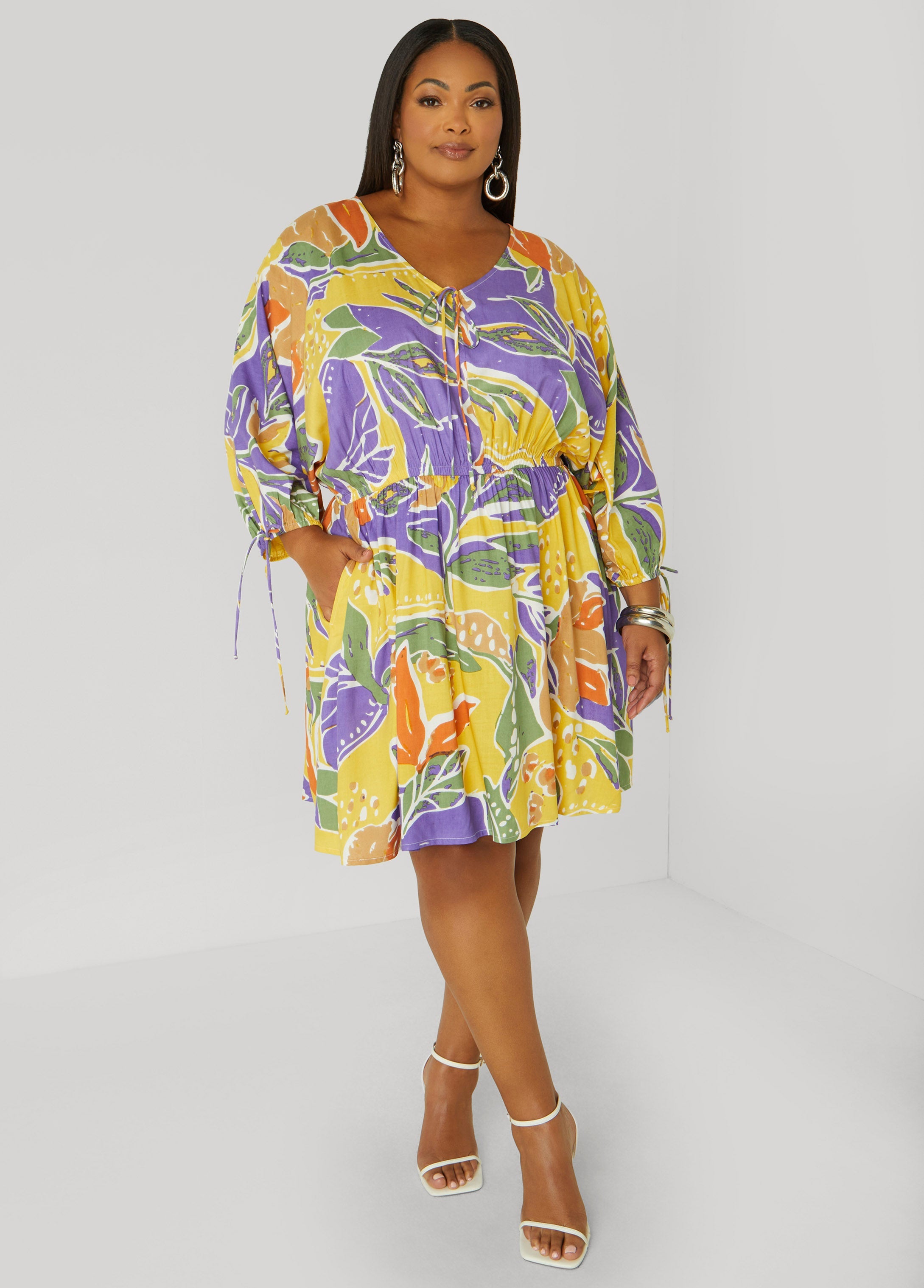 Plus Size Tropical Print A Line Dress