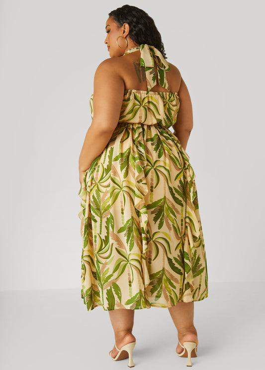 Palm Print Maxi Halter Dress