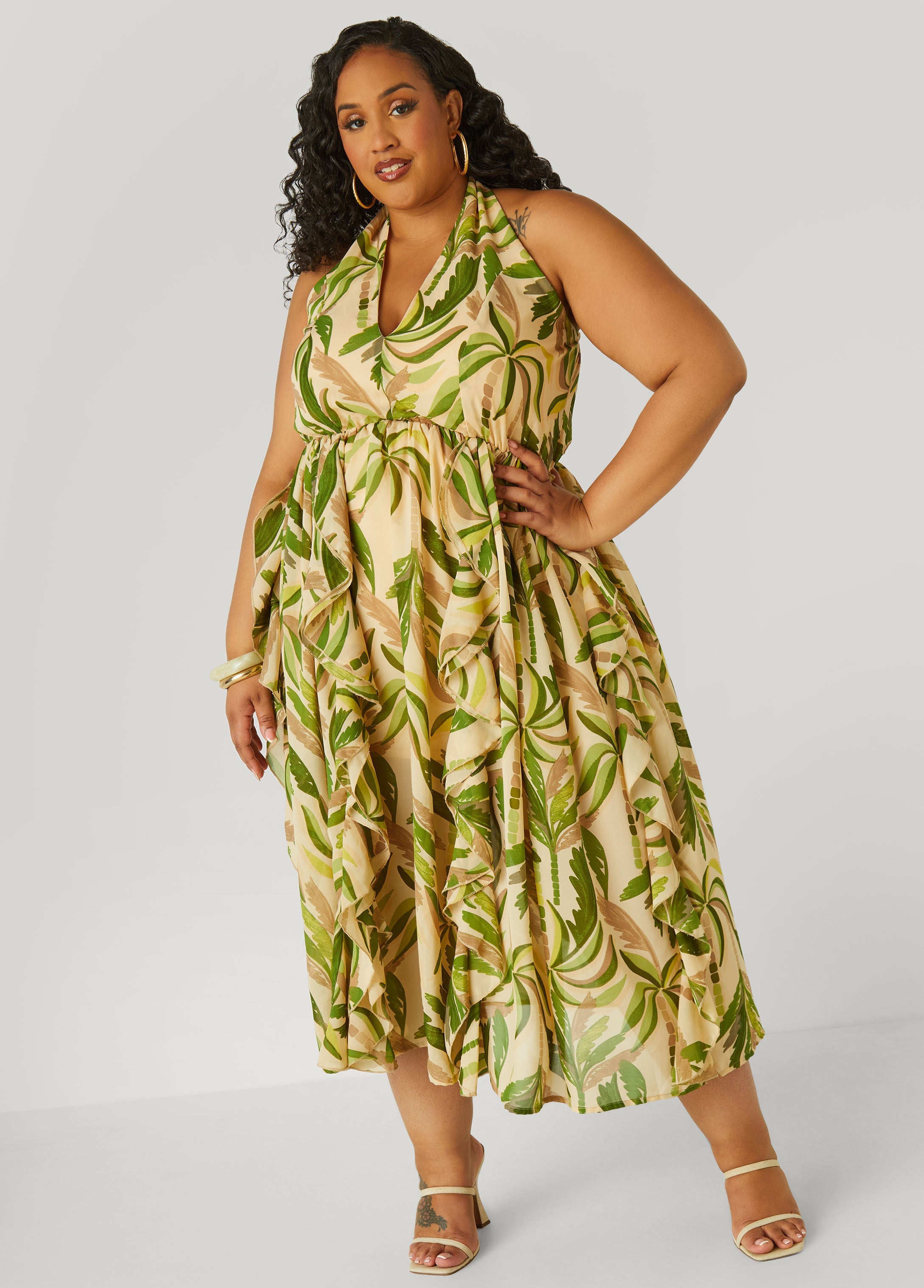 Plus Size Palm Print Maxi Halter Dress