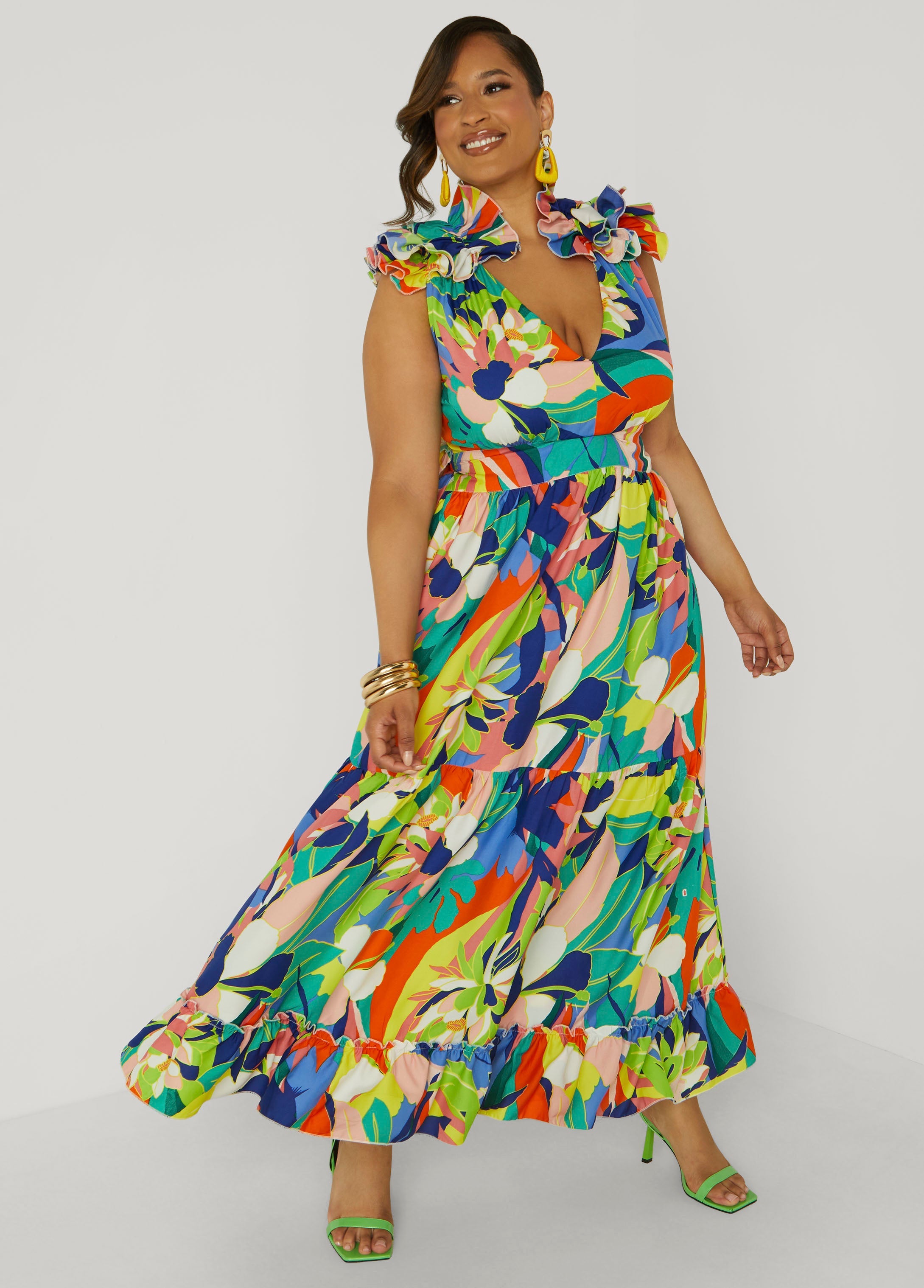 Plus Size Lace Up Floral Print Maxi Dress