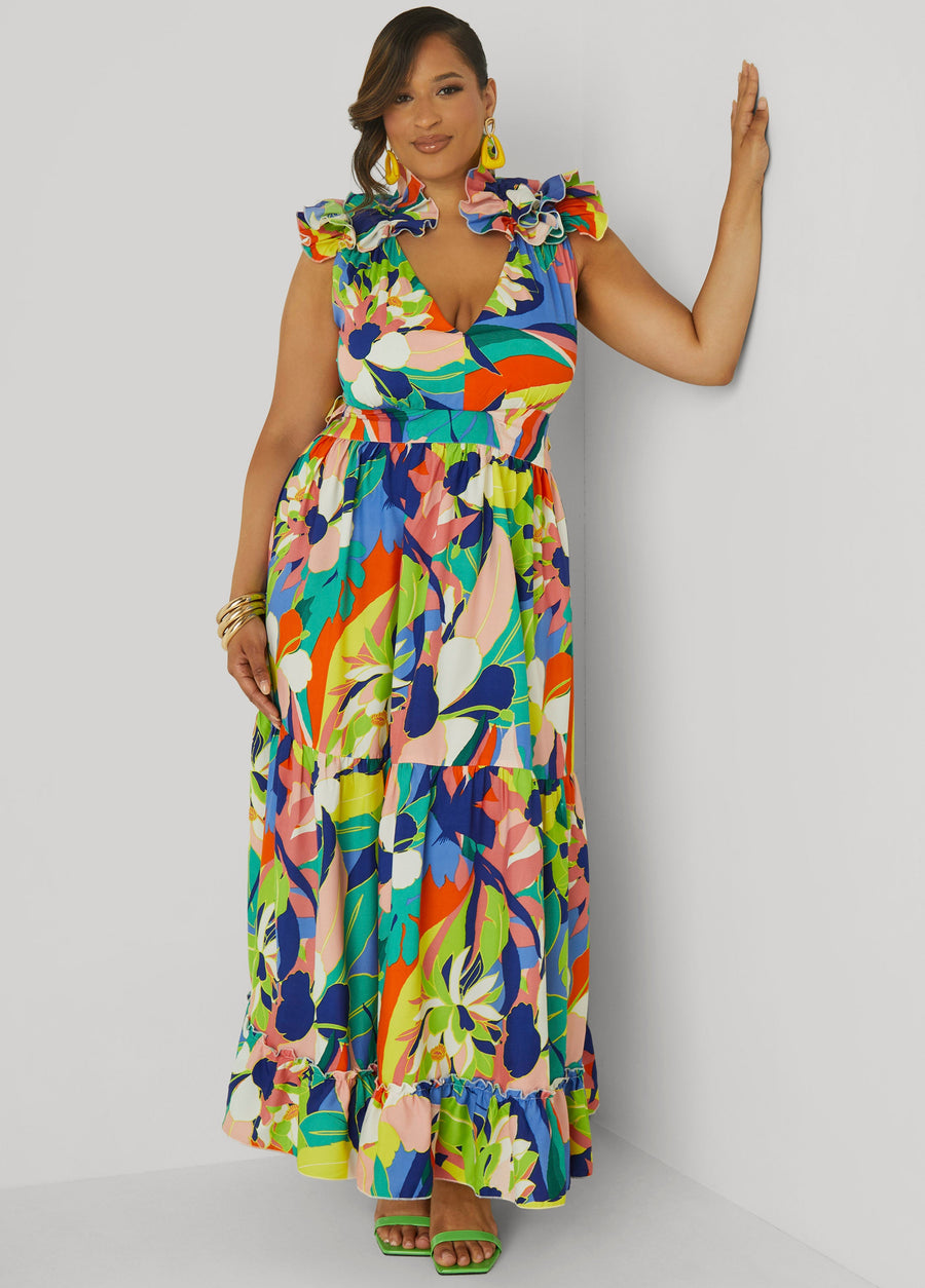 Plus Size Lace Up Floral Print Maxi Dress