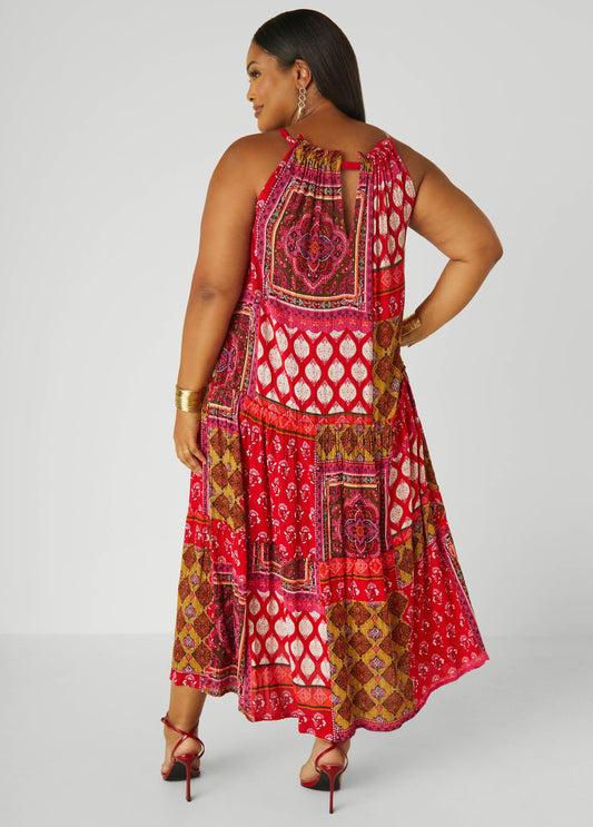 Cutout Scarf Print Maxi Dress