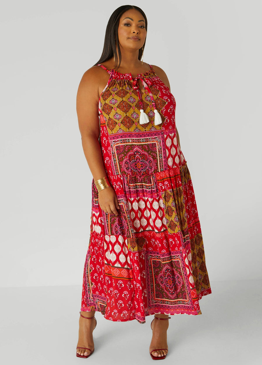 Plus Size Cutout Scarf Print Maxi Dress