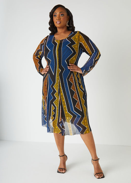 Plus Size printed mesh maxi dress plus size fit flare fashion dress