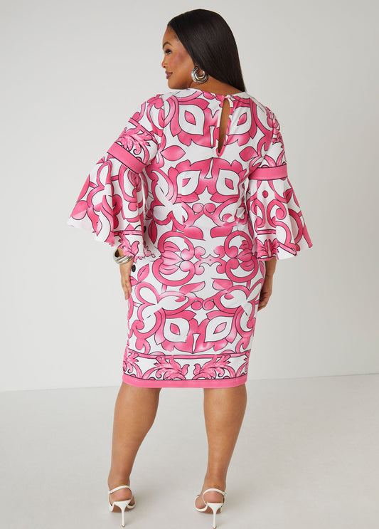 Printed Textured Knit Sheath Dress